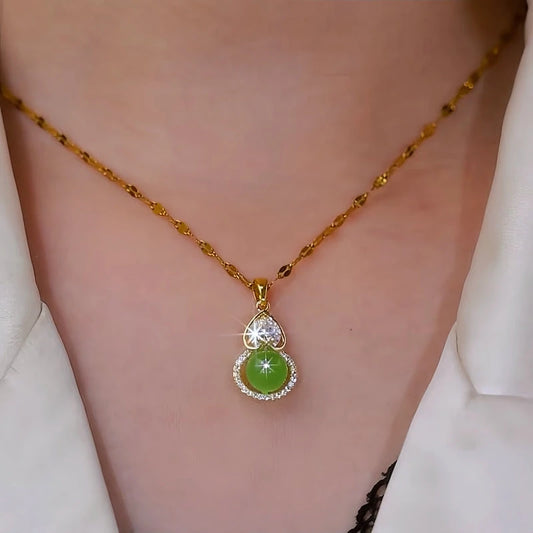 14K Gold-Plated Green Gourd Pendant Necklace worn to showcase its length and pendant detail