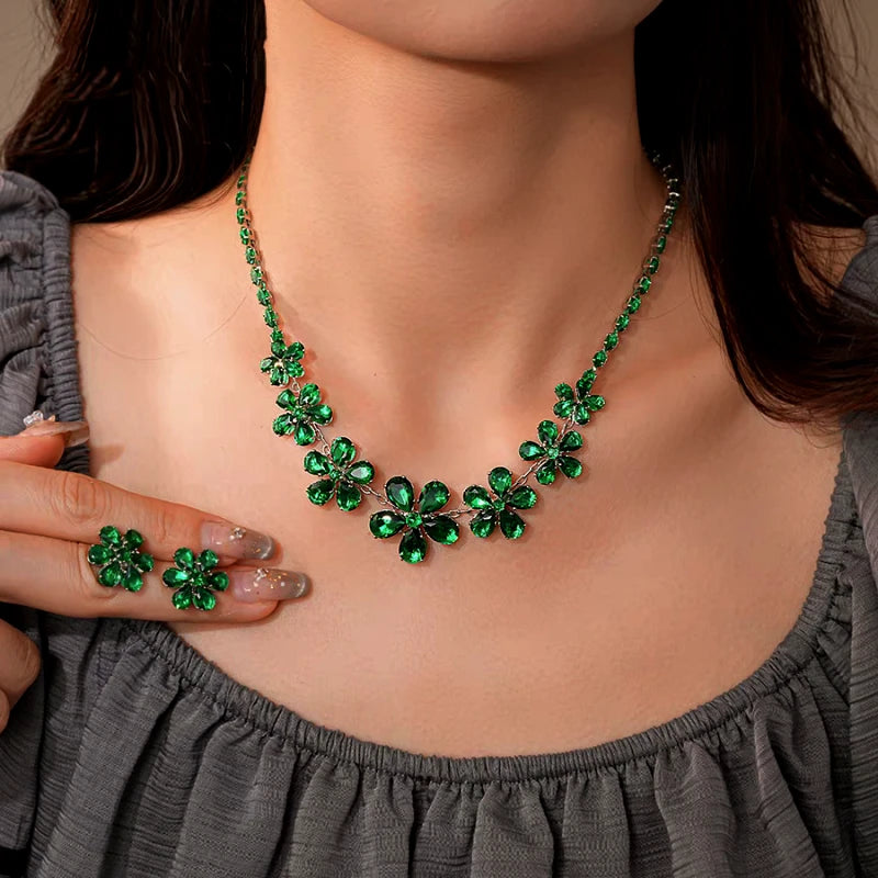 14K Gold-Plated Green Zircon Diamond Flower Necklace And Earrings Set - beautiful Green Zircon Set
