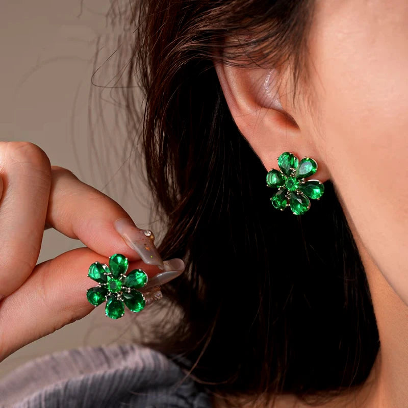 14K Gold-Plated Green Zircon Diamond Flower Necklace And Earrings Set worn to showcase its length and pendant detail