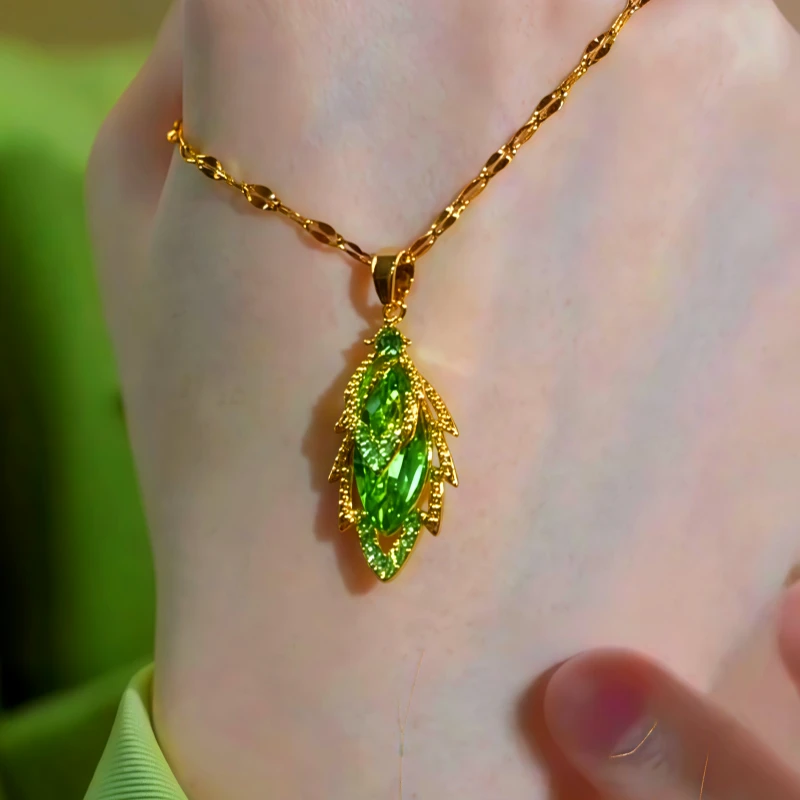 14K Gold-Plated Green Zircon Diamond Leaf Necklace worn to showcase its length and pendant detail