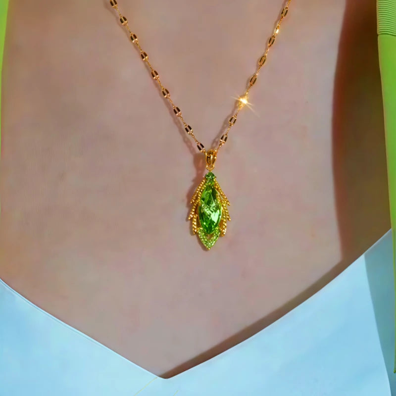 Close-up of the pendant and clasp on the Zircon Leaf Necklace