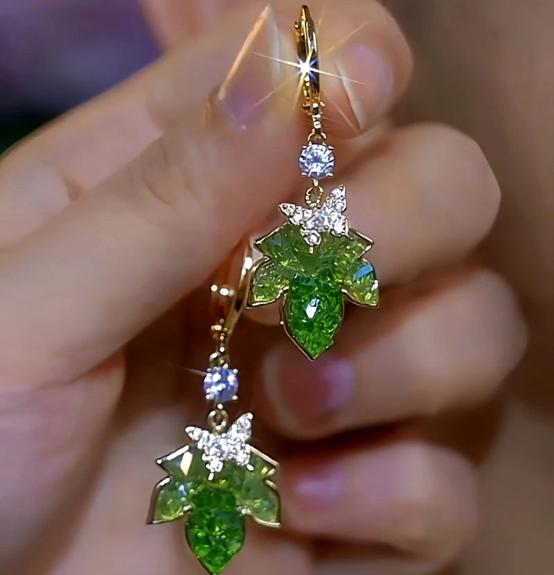 14K Gold-Plated Green Zircon Maple Leaf Earrings - elegant Zircon Maple Leaf Earrings