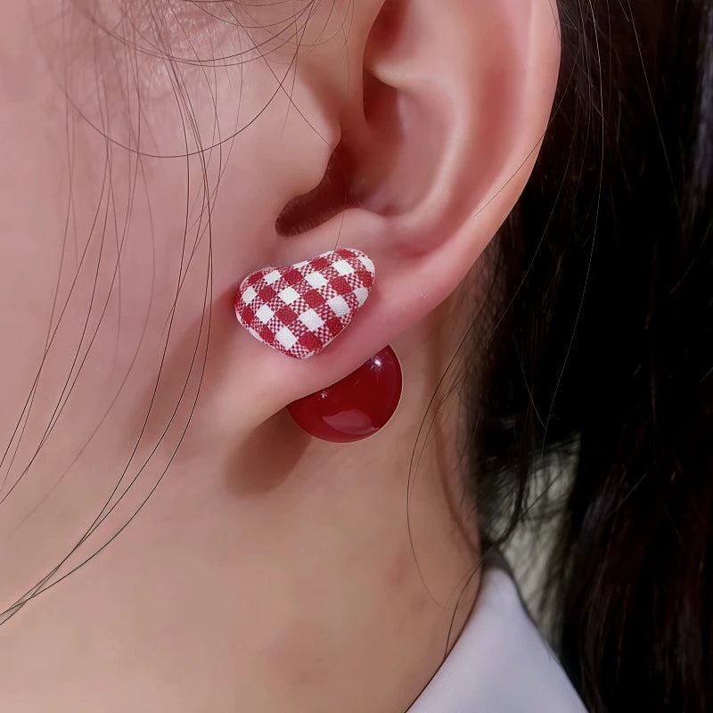 14K Gold-Plated Heart-Design Bead Earrings - elegant Red Heart Bead