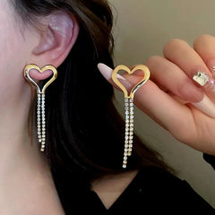 14K Gold-Plated Heart Zircon Tassel Earrings - elegant Heart Zircon Tassel