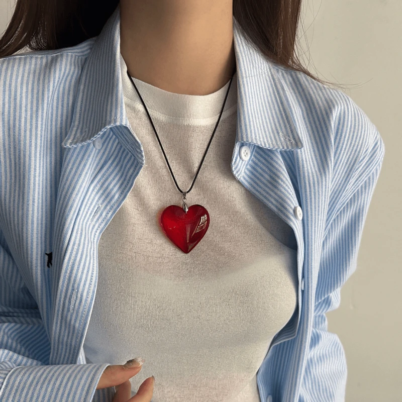 14K Gold-Plated Hip-Hop Red Heart Necklace worn to showcase its length and pendant detail