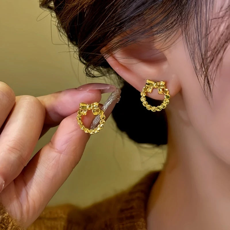 14K Gold-Plated Hollow Bow Hoop Stud Earrings - elegant Hollow Bow Studs