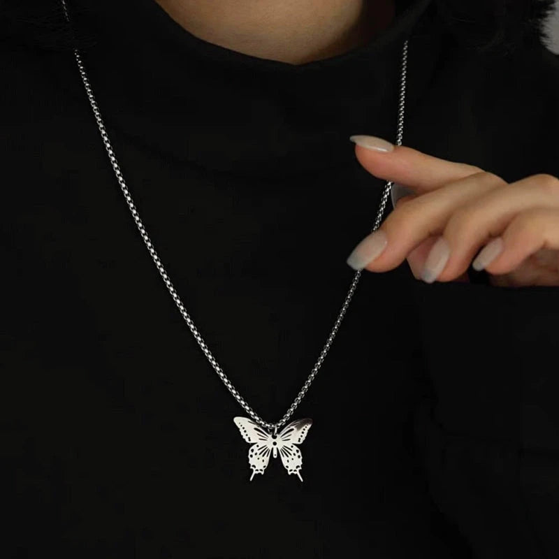 14K Gold-Plated Hollow Butterfly Necklaces worn to showcase its length and pendant detail