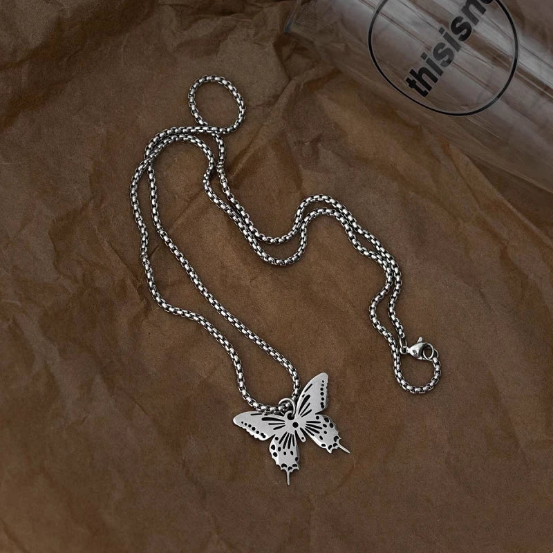 Detailed view of the 14K Gold-Plated Hollow Butterfly Necklaces chain and pendant