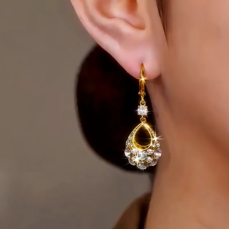 14K Gold-Plated Hollow Diamond Water Drop Earrings - elegant Water Drop Earrings