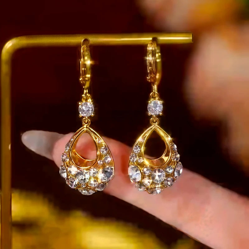 Close-up detail of the sparkling zircons and plating on the Water Drop Earrings