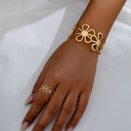 14K Gold-Plated Hollow Flower Bracelet And Rings - chic Flower Cuff Ring Set