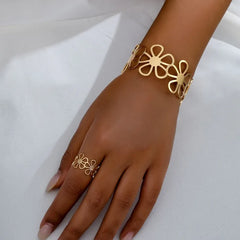 14K Gold-Plated Hollow Flower Bracelet And Rings - chic Flower Cuff Ring Set