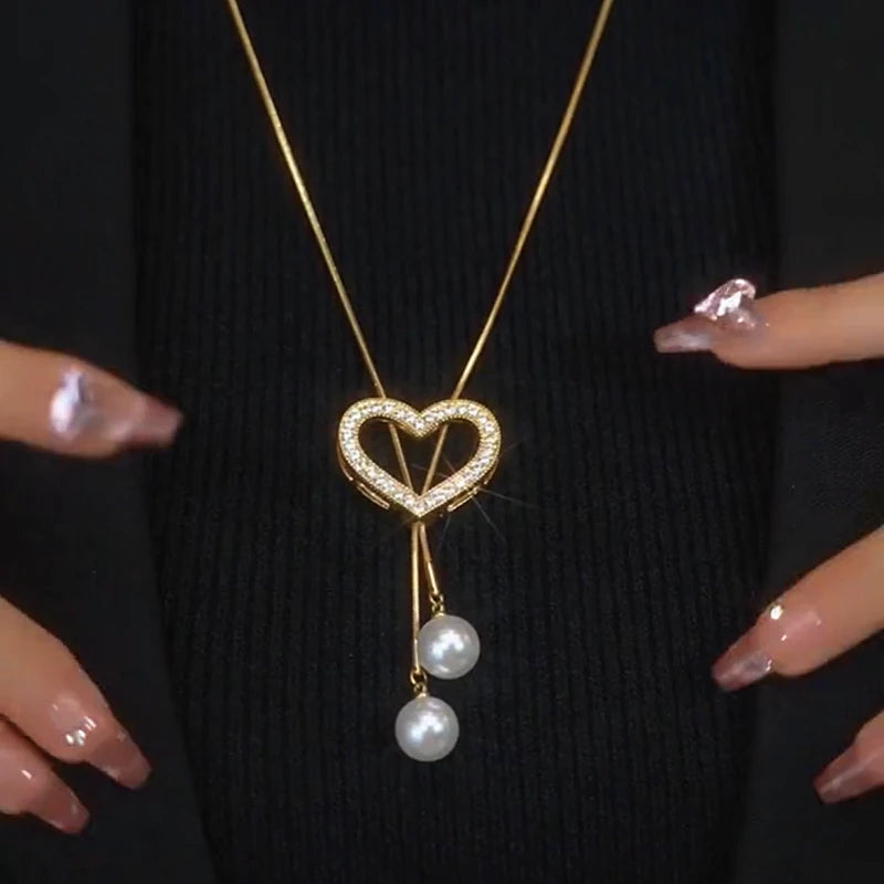 14K Gold-Plated Hollow Heart Pearl Necklace - beautiful Heart Pearl Lariat