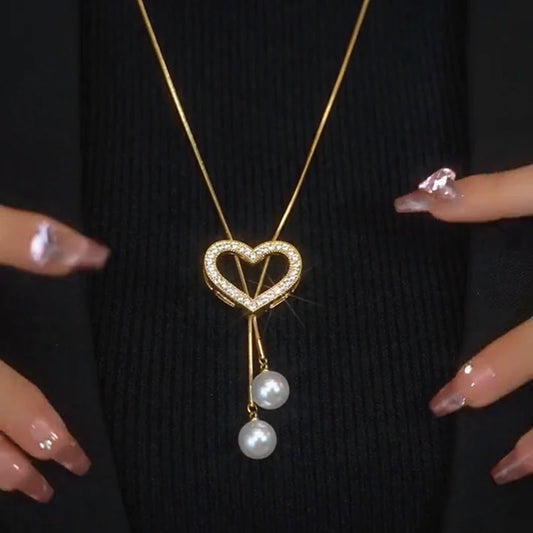 14K Gold-Plated Hollow Heart Pearl Necklace - beautiful Heart Pearl Lariat
