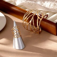 14K Gold-Plated Hollow Leaf Bracelet And Ring Set - chic Hollow Leaf Set