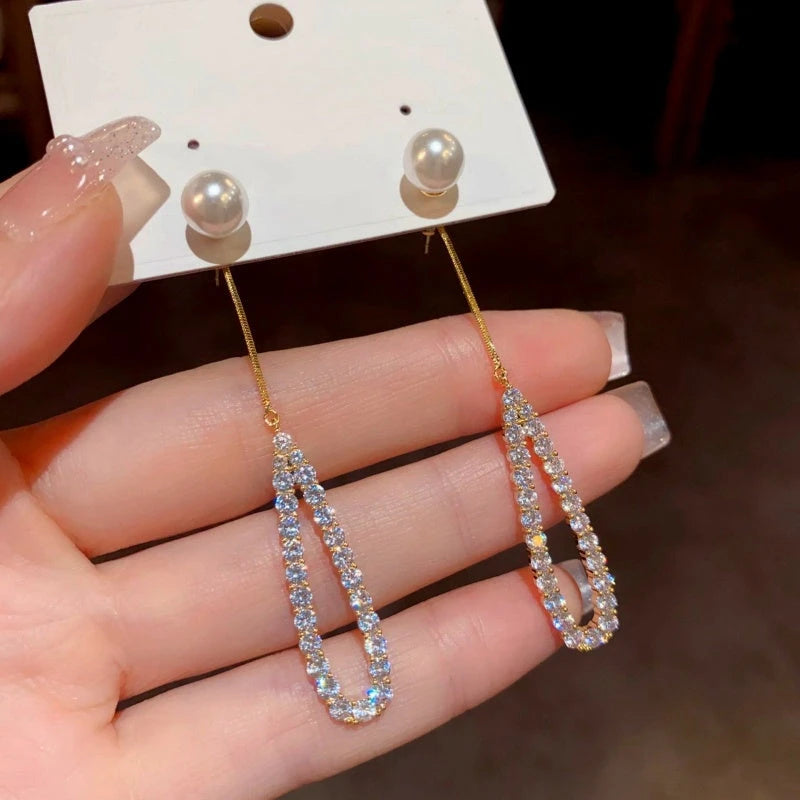 14K Gold-Plated Hollow Pearl Diamond Tassel Earrings - elegant Pearl Tassel Earrings