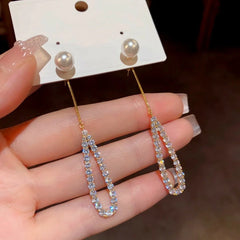 14K Gold-Plated Hollow Pearl Diamond Tassel Earrings - elegant Pearl Tassel Earrings