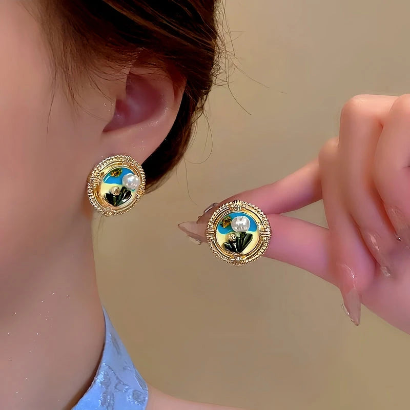 14K Gold-Plated Irregular Pearl Flower Earrings - elegant Irregular Pearl Flower