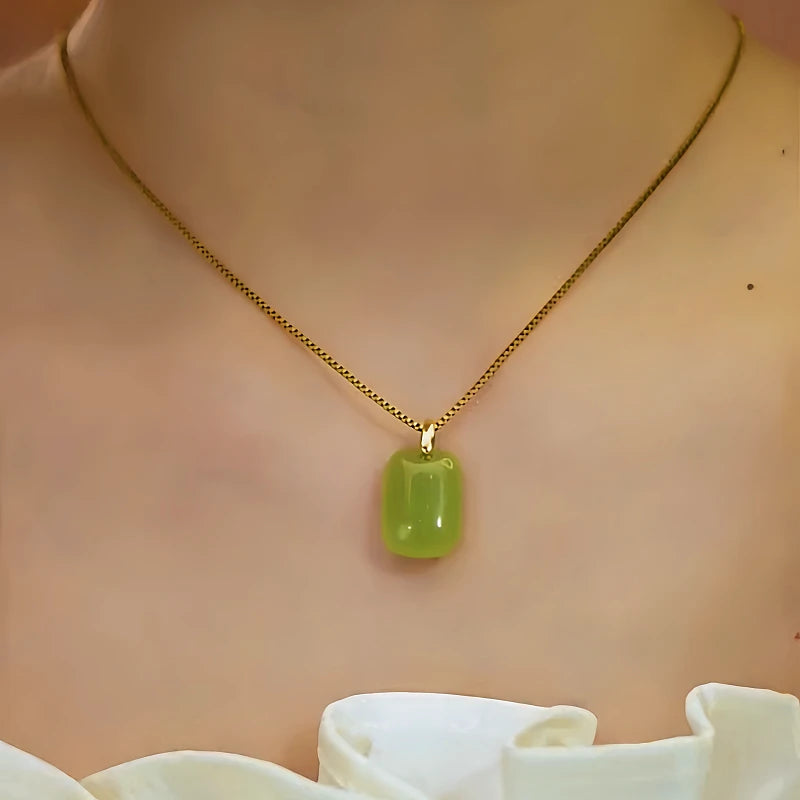 14K Gold-Plated Jade Square Pendant Neckalce - beautiful Jade Square Pendant