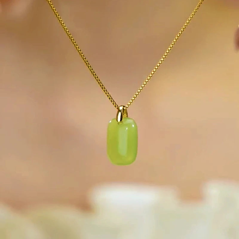 14K Gold-Plated Jade Square Pendant Neckalce worn to showcase its length and pendant detail