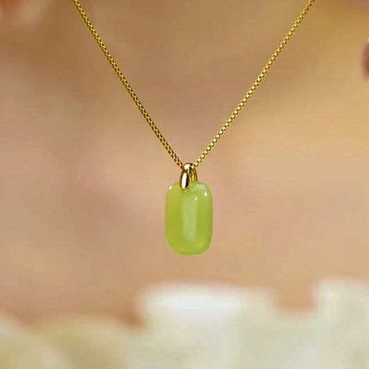 14K Gold-Plated Jade Square Pendant Neckalce worn to showcase its length and pendant detail