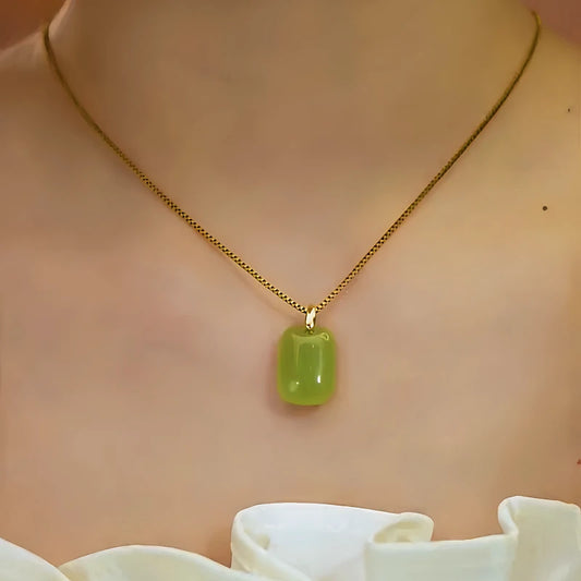 14K Gold-Plated Jade Square Pendant Neckalce - beautiful Jade Square Pendant