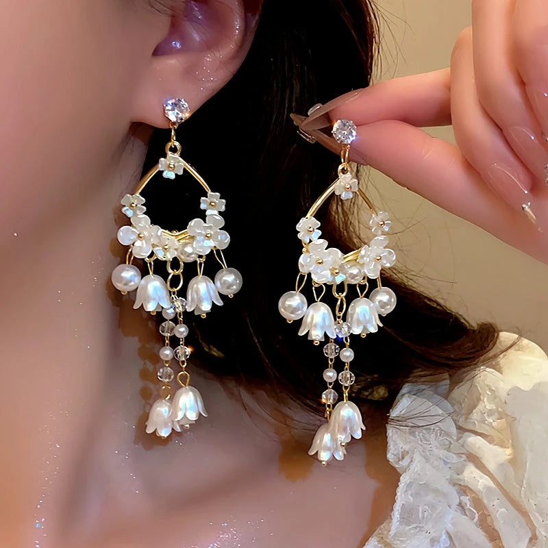 14K Gold-Plated Lily Of The Valley Pearl Tassel Earrings - elegant Lily Pearl Tassel