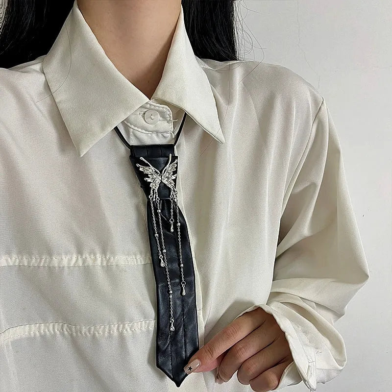 14K Gold-Plated Long Stackable Butterfly Tie Necklace worn to showcase its length and pendant detail