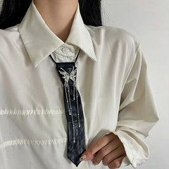 14K Gold-Plated Long Stackable Butterfly Tie Necklace worn to showcase its length and pendant detail