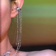 Model showcasing the dangle and style of the 14K Gold-Plated Long Tassel Ear Cuffs ( 1 Pair )