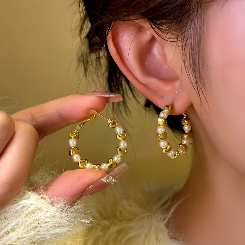 14K Gold-Plated Love Bead Hoop Earrings - elegant LOVE Hoop Earrings