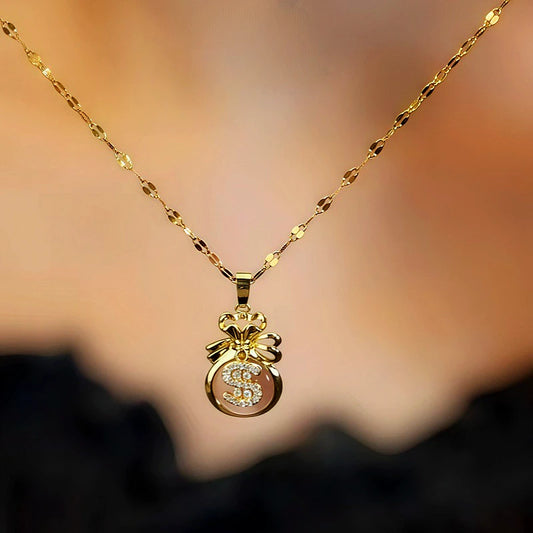 14K Gold-Plated Lucky Diamond Dollar Bag Necklaces worn to showcase its length and pendant detail