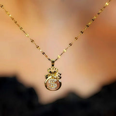 14K Gold-Plated Lucky Diamond Dollar Bag Necklaces worn to showcase its length and pendant detail