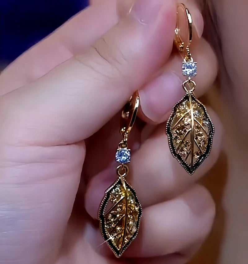 14K Gold-Plated Lucky Rich Leaf Earrings - elegant Lucky Leaf Drops