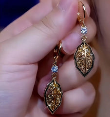 14K Gold-Plated Lucky Rich Leaf Earrings - elegant Lucky Leaf Drops