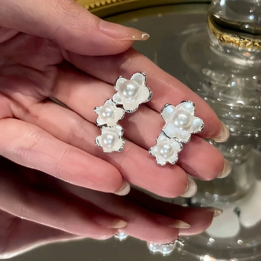 14K Gold-Plated Luxury Asymmetrical Pearl Flower Earrings - elegant Asymmetrical Pearl Earrings