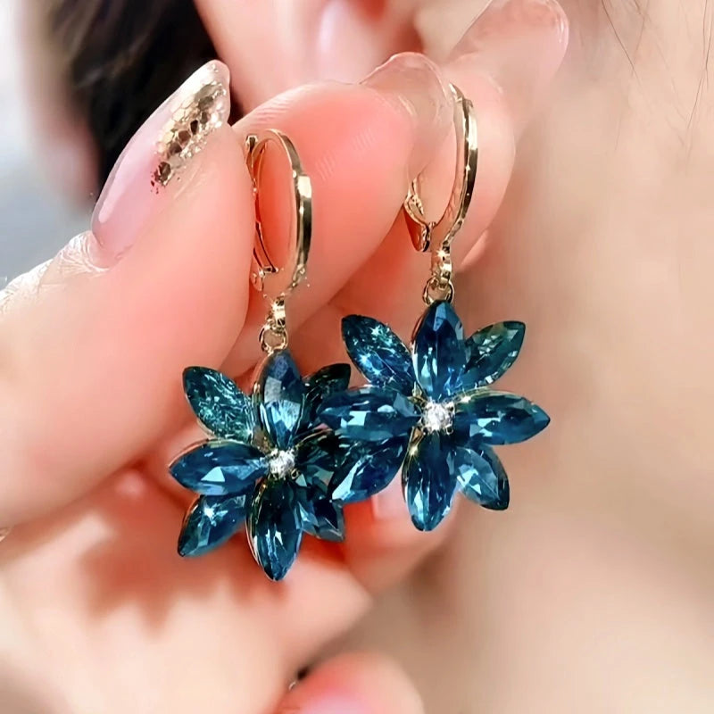 14K Gold-Plated Luxury Blue Crystal Flower Earrings - elegant Blue Flower Earrings