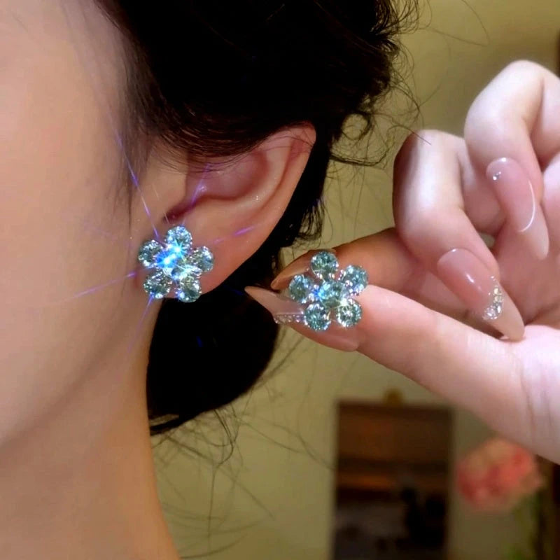 14K Gold-Plated Luxury Blue Crystal Flower Stud Earrings - elegant Blue Flower Studs