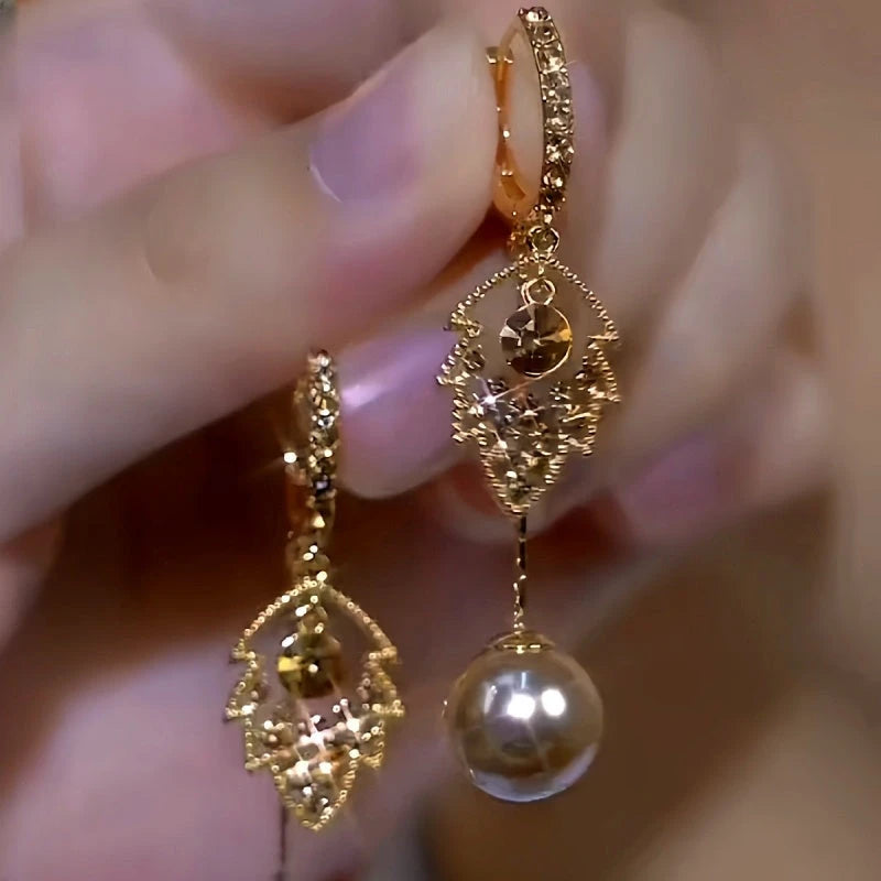 14K Gold-Plated Luxury Brow Diamond Leaf Pearl Tassel Earrings - elegant Brown Leaf Tassel