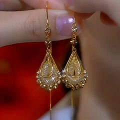 14K Gold-Plated Luxury Brown Diamond Mesh Water Drop Threader Earrings - elegant Mesh Water Threaders