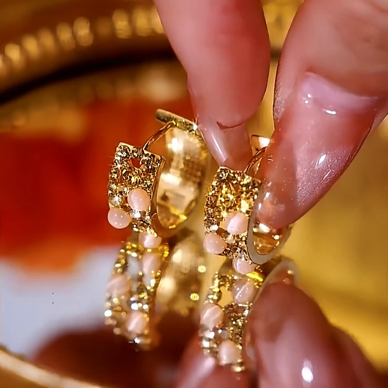 14K Gold-Plated Luxury Brown Zircon Cat's Eye Hoop Earrings - elegant Cat's Eye Hoops