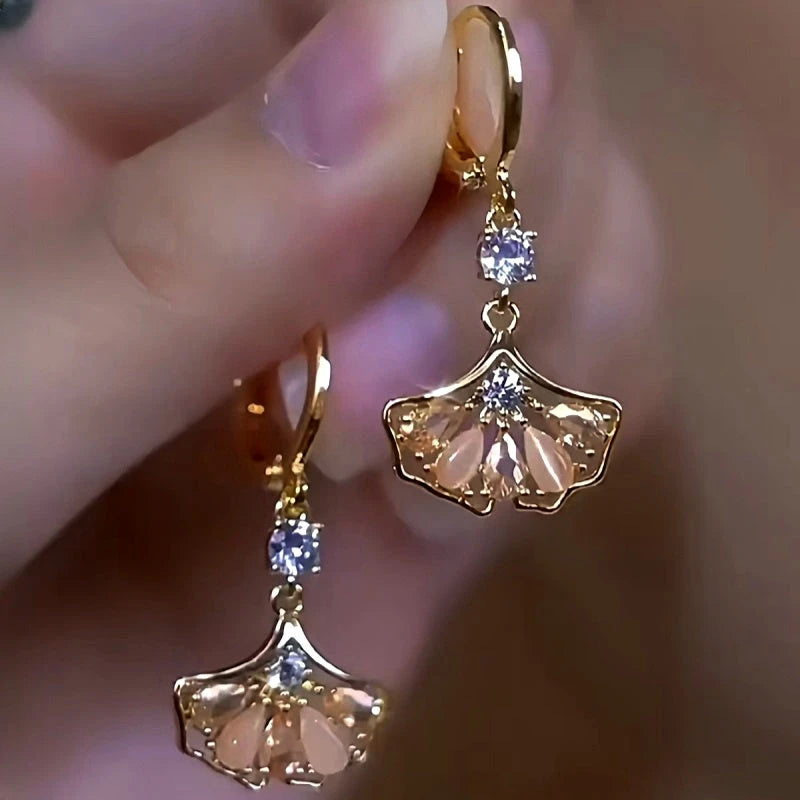 14K Gold-Plated Luxury Brown Zircon Ginkgo Leaf Earrings - elegant Zircon Ginkgo Earrings