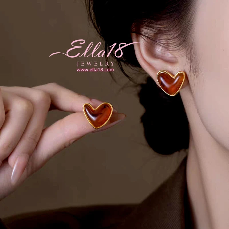 14K Gold-Plated Luxury Cat's Eye Brown Heart Stud Earrings - elegant Cat's Eye Heart Studs