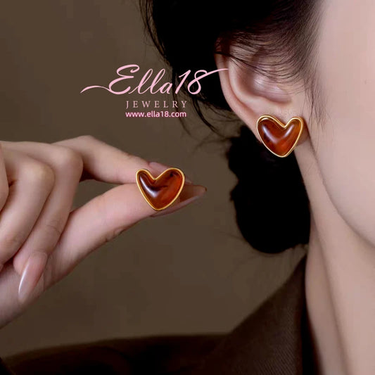 14K Gold-Plated Luxury Cat's Eye Brown Heart Stud Earrings - elegant Cat's Eye Heart Studs