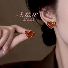 14K Gold-Plated Luxury Cat's Eye Brown Heart Stud Earrings - elegant Cat's Eye Heart Studs