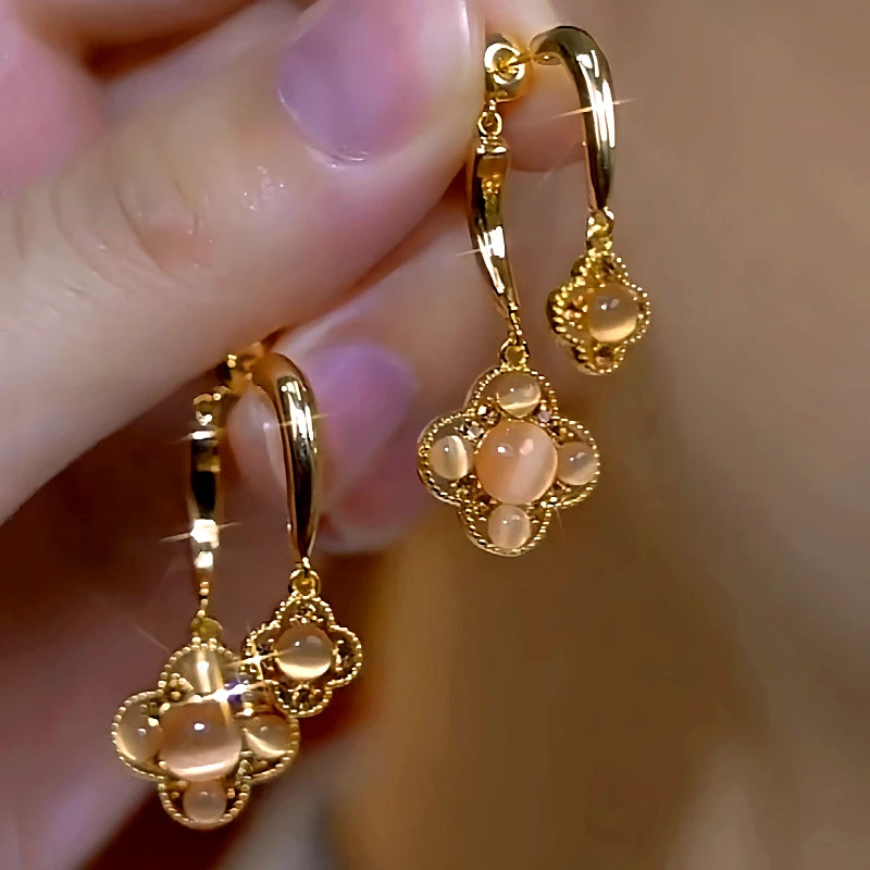 14K Gold-Plated Luxury Cat's Eye Four-Leaf Flower Earrings - elegant Cat's Eye Clover