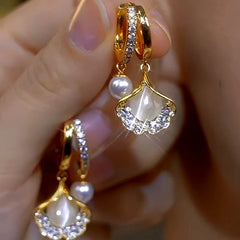 14K Gold-Plated Luxury Cat's Eye Ginkgo Leaf Pearl Earrings - elegant Cat's Eye Leaf Pearl