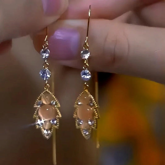 14K Gold-Plated Luxury Cat's Eye Leaf Threader Earrings - elegant Cat's Eye Leaf Threaders