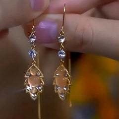 14K Gold-Plated Luxury Cat's Eye Leaf Threader Earrings - elegant Cat's Eye Leaf Threaders