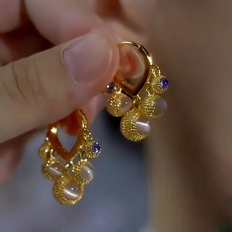 14K Gold-Plated Luxury Cat's Eye Stone Durian Ball Earrings - elegant Cat's Eye Spiked Ball